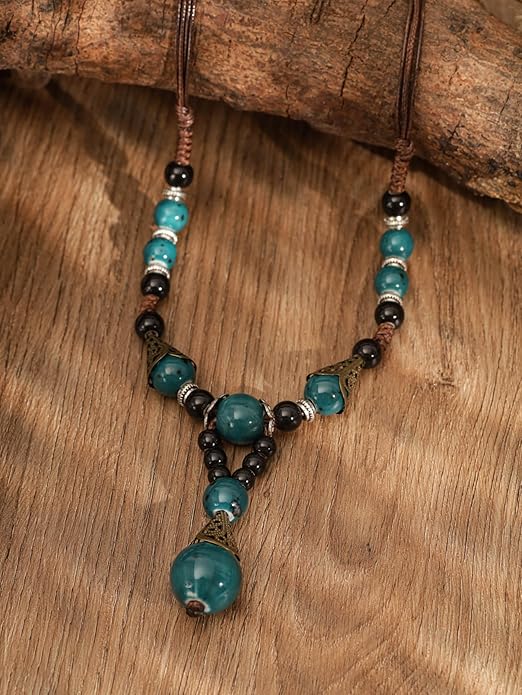 MINACHI Vintage Bohemian Ethnic Colorful Ceramic Bead Long Y Necklace, Hippie Boho Summer Fashion Jewelry Gift for Women