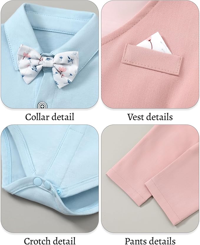 DISAUR Baby Boy Clothes Toddler Boy Outfits 4PCS Gentleman Dress Romper/Vest/Pants/Bow Tie Cotton Suit Sets