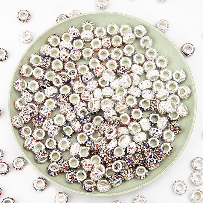 200 Pieces European Large Hole Spacer Beads, Colour European Craft Beads Rhinestone Lampwork Beads Fairy Garden Beads for DIY Charms Bracelet Necklace Earring Jewelry Making Supplies