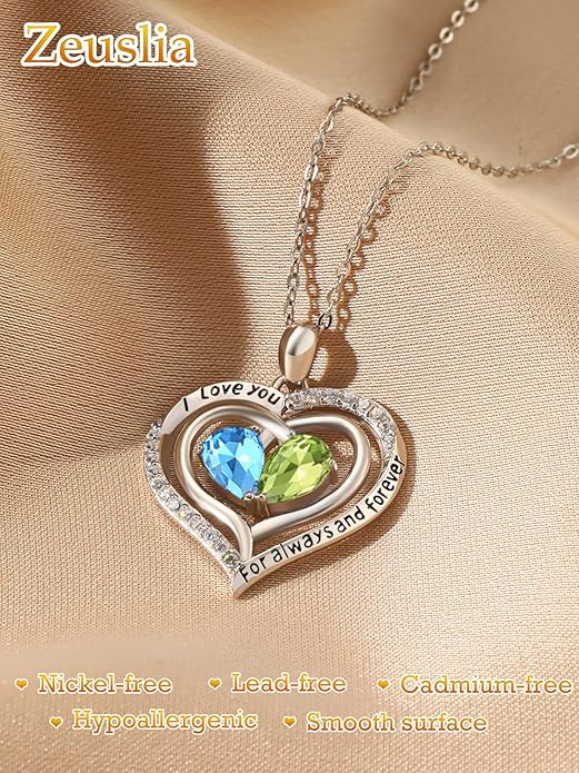 Valentine's Day Gifts for Wife 925 Sterling Silver Double Birthstone Pendant Necklaces I Love You for Always and Forever Necklace Anniversary Birthday Gifts for Wife Girlfriend Mom Her