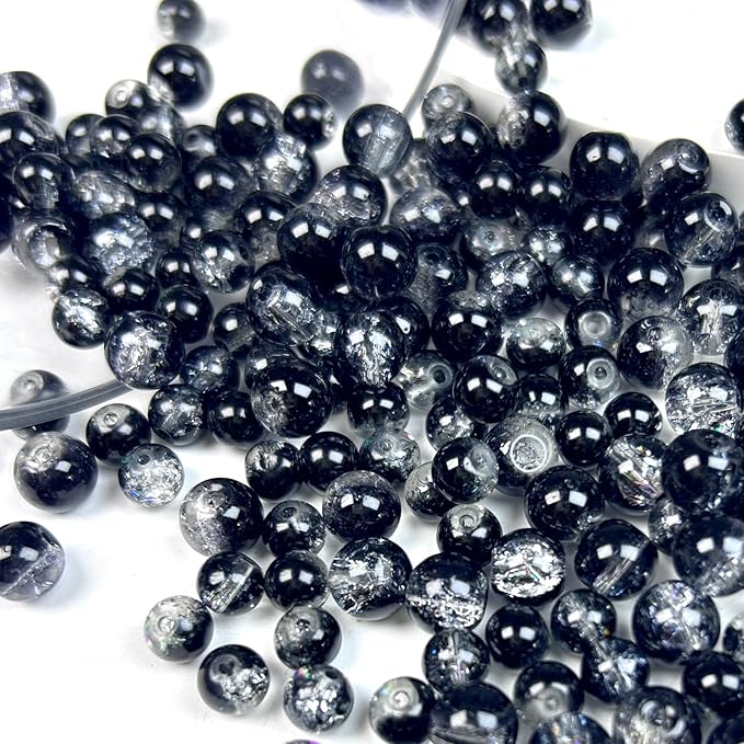 300pcs Crackle Glass Beads, 6mm and 8mm Black Crystal Glass Beads Round Loose Spacer Bulk Beads for DIY Craft Earring Necklace Bracelet Jewelry