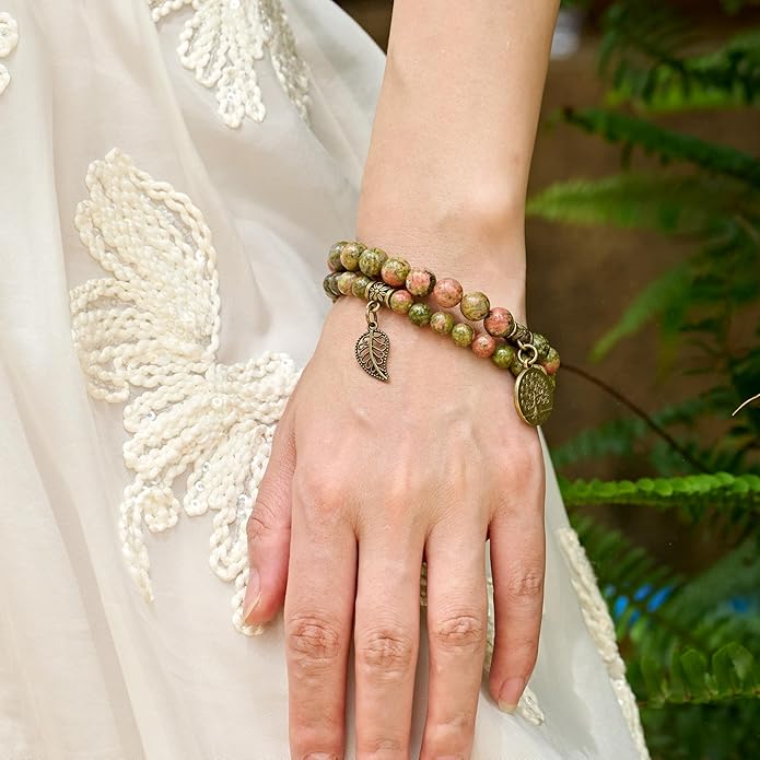 Bivei Natural Semi Precious Gemstone beads bracelet for women - Life Tree and Leaf Charm Energy Reiki Crystal Stretch Bracelets