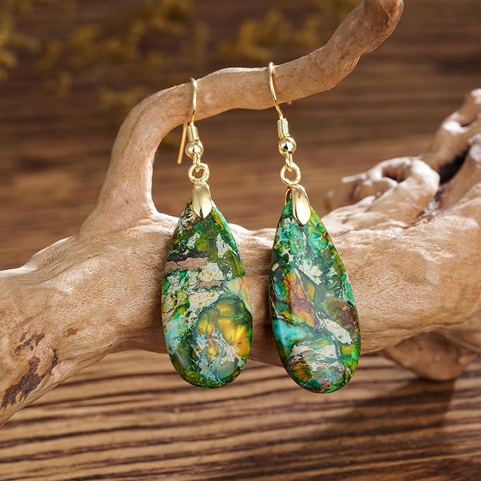 Boho Women Natural Stone Earrings Unique Healing Imperial Jasper Gemstone Energy Hypoallergenic Lightweight Dangle Drop Earrings Multiple Styles Earrings Jewelry for Birthday Party Gift