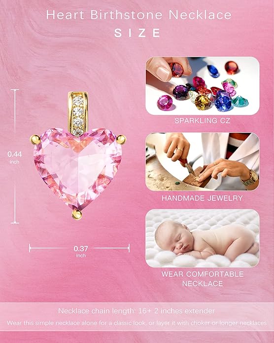 Genuine Birthstone Necklace for Women, Heart Love Necklace, Birthday Gifts for Her
