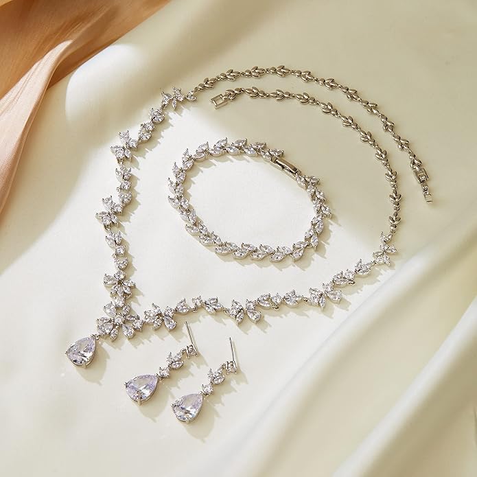 Crysdue Wedding Jewelry Set for Women, Floral Leaf Vine Teardrop Necklace Dangle Earrings Bracelet and Hair Comb, Cubic Zirconia Elegant Party Prom Jewellery for Bridal Bridesmaid
