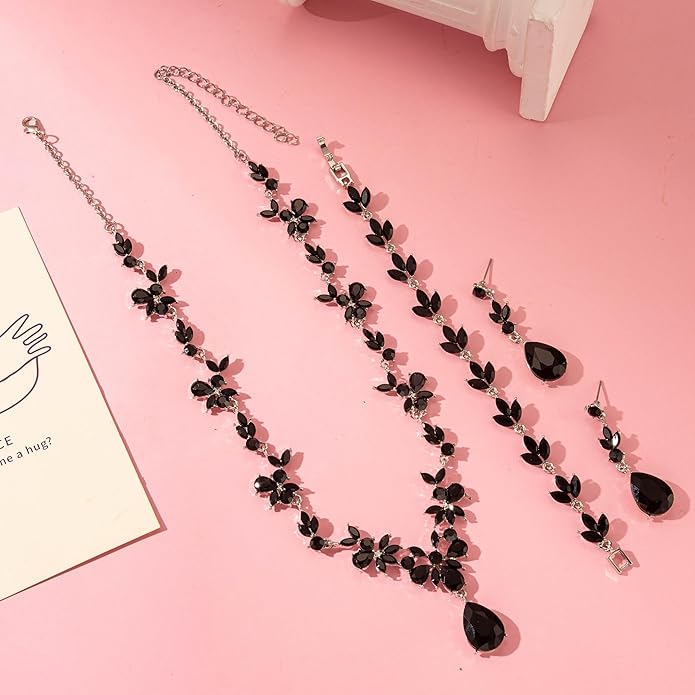 Bridal Wedding Elegant Floral Jewelry Set for Women/Brides/Bridesmaids Crystal Jewelry Set for Wedding Prom Party Bridal Crystal Necklace Earrings Bracelet Set