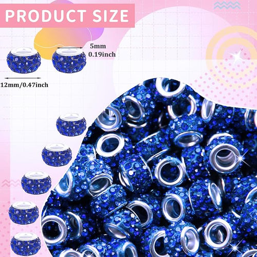100Pcs Rhinestone Large Hole Beads Spacer Beads Dark Blue European Craft Big Beads Large Hole Rhinestones Lampwork Murano Bead Fairy Wand Garden Beads for DIY Bracelet Necklace Jewelry Making Supplies