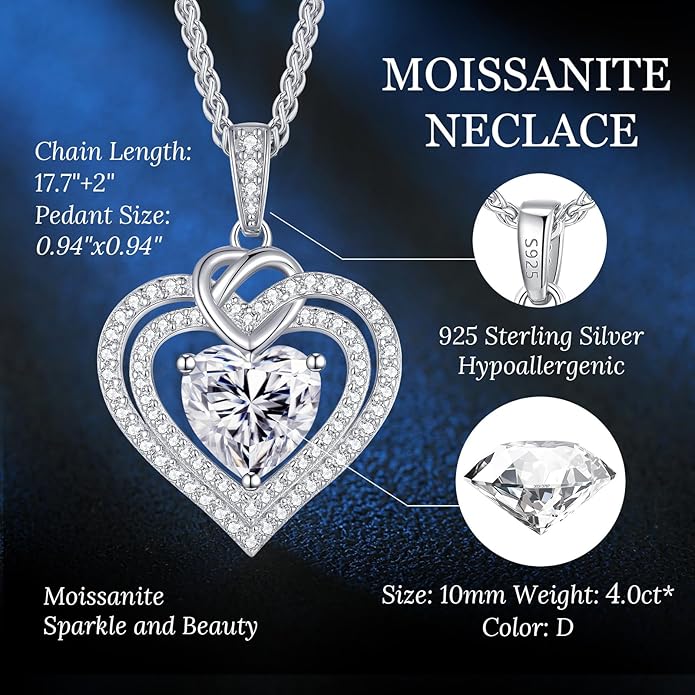OOBEE Valentines Day Gift Moissanite Heart Necklaces for Women, 1- 4 Carat Moissanite 925 Sterling Silver 14K Gold Plated Pendant Necklace, Ideal Anniversary Birthday Christmas Mothers Day Jewelry Gifts for Mom Wife Her Girlfriend Daughter