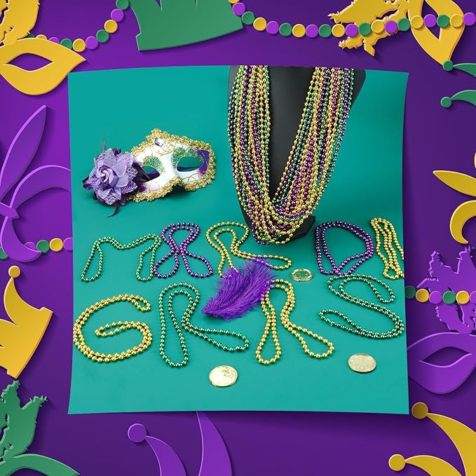 102 PCS Mardi Gras Beads, 33'' Metallic Gold Green Purple Mardi Gras Beads Necklaces Mardi Gras Necklaces Accessories Bulk Carnival Bead Necklace for Mardi Gras Parade Throws Party Decorations Favors