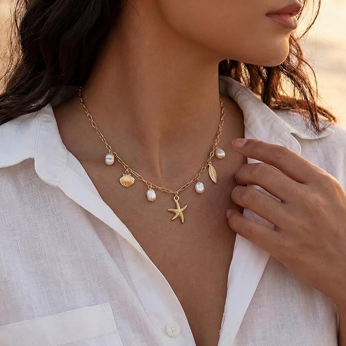 Shell Starfish Necklace for Women, 14k Gold Plated Boho Layered Beaded Charm Pendant Necklace, Dainty Adjustable Pearl Conch Summer Beach Vacation Jewelry Gifts