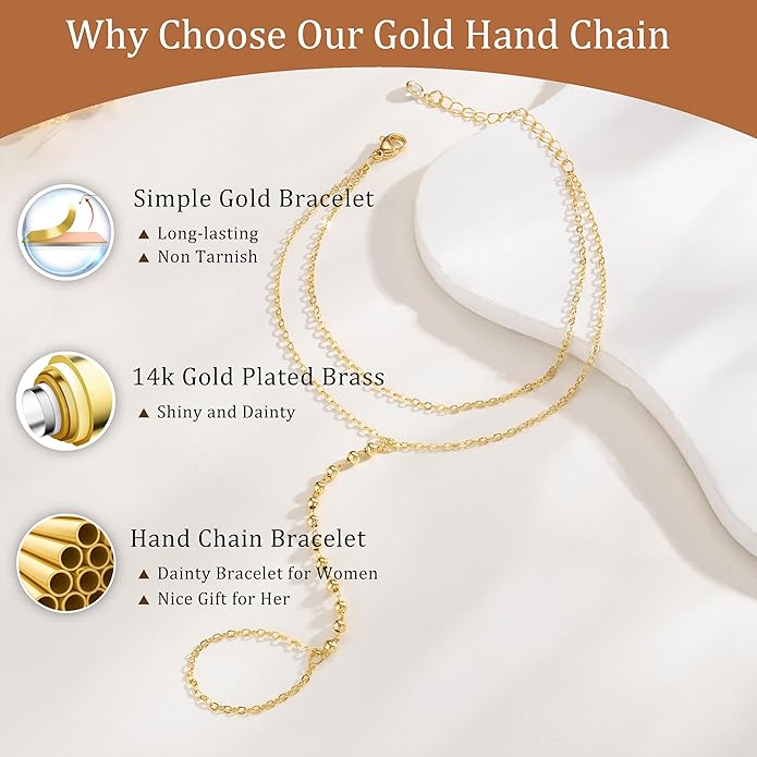 CHESKY 14K Gold Plated Hand Chain Bracelets for Women Set - Dainty Finger Ring Bracelet Stack Adjustable Hand Chains Durable Beaded Bracelets Trendy Simple Body Jewelry Gift for Women