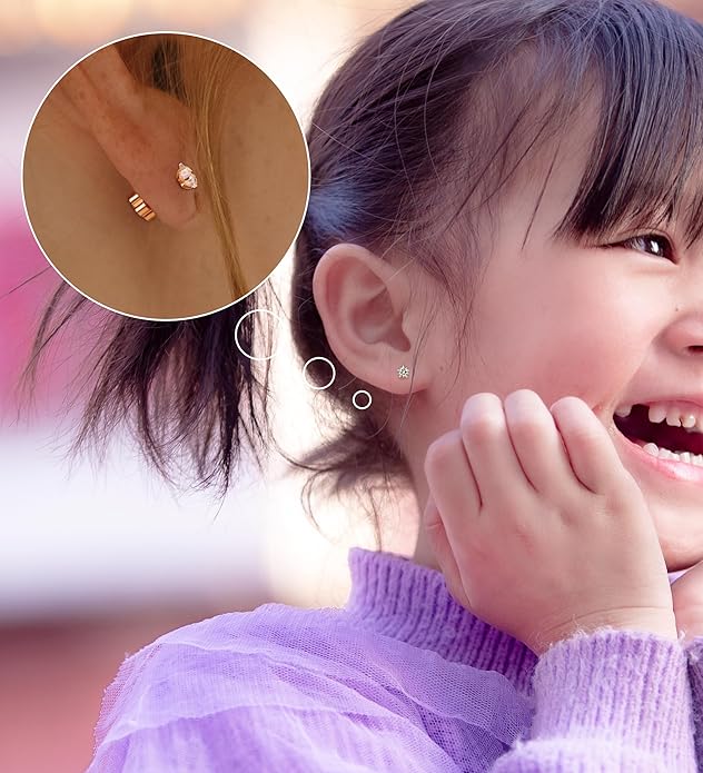 4Pairs 14K Gold Stud Earrings for Women Girls 316L Stainless Steel Hypoallergenic Earrings 20G Flat Back Handmade Nap Earrings Cute Screw Back Opal Heart Star Cartilage Earrings