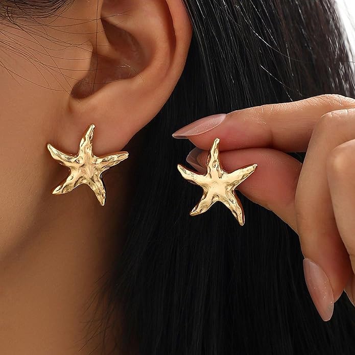 Gold Starfish Earrings for Women Trendy Dainty Starfish Statement Stud Earrings Hypoallergenic Summer Beach Ocean Coastal Jewelry