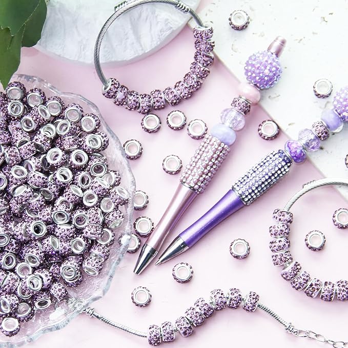 100Pcs Rhinestone Large Hole Beads Spacer Beads Purple European Craft Big Beads Large Hole Rhinestones Lampwork Murano Bead Fairy Wand Garden Beads for DIY Bracelet Necklace Jewelry Making Supplies
