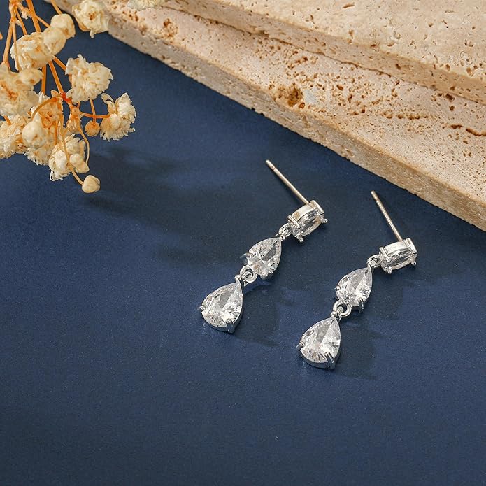 14K Gold Plated Dangle Earrings for Women Dainty Silver Drop Earring Trendy Small Long Dangling Wedding Bridesmaid Hoop Diamond Crystal Cute Earring Jewelry Valentine Gifts