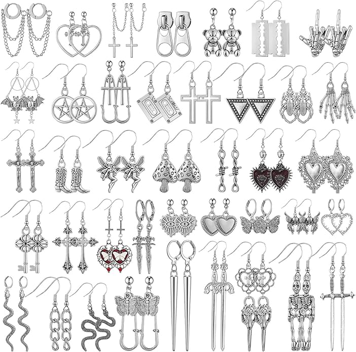 Yinkin 40 Pairs Goth Earrings Set Grunge Punk Rock Dangle Earring Gothic Y2k Jewelry Bat Cross Snake Skull Earrings for Women