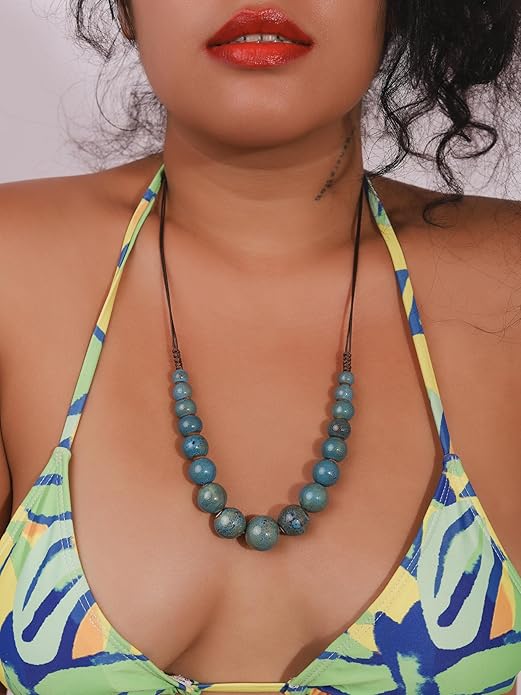 MINACHI Hippie Boho Colorful Ceramic Round Beads Strand Necklace, Bohemian Fashion Statement Jewelry Gift for Women