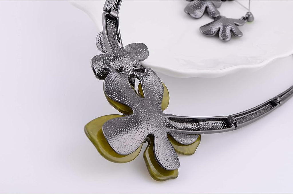 AMYJANE Vintage Statement Jewelry Set - Spring Leaf Flower Floral Plant Necklace Earring Set Crystal Rhinestone Fashion Costume Jewelry for Women Prom Party Unique Gift