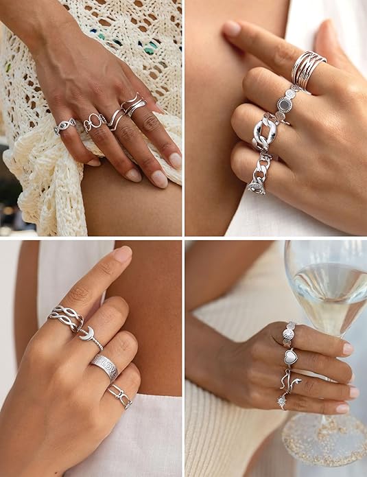 LOLIAS 16Pcs Stackable Stainless Steel Rings for Women Chunky Silver Rings Non Tarnish Ring Open Adjustable Thumb Finger Statement Ring Set