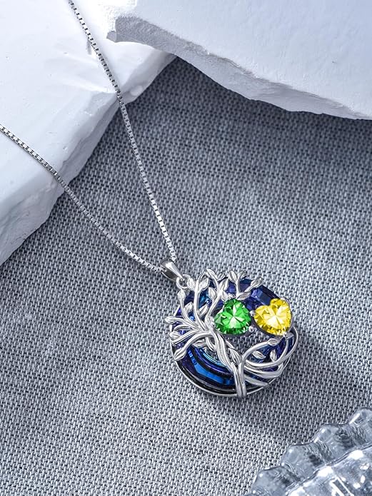 TOUPOP s925 Sterling Silver Family Celtic Tree of Life Pendant Necklaces with 2 Heart Birthstone with Blue Austrian Crystal Jewelry Birthday Valentines Day Gifts for Her, Anniversary Christmas Gifts for Wife Girlfriend Mom (18K Real White Gold Filled)