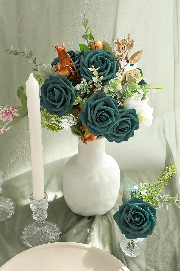 Artificial Flowers 25pcs Real Looking Peacock Green Foam Fake Roses - Image 2