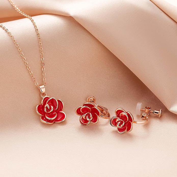 Dainty Rose Flower Pendant Necklace Clip On Earrings Set for Women 14K Gold Plated Hypoallergenic Jewelry Sets