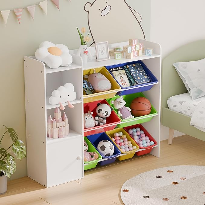 Multicolor Toy Storage Organizer, Toy Organizers and Storage Bins, Toy Storage Shelf with 8 Toy Bins, Toy Organizer with Bookshelf, Book Shelf and Toy Storage for Kids Room, Playroom, Bedroom, Nursery