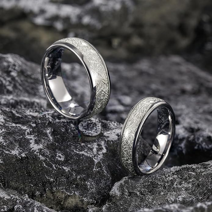 Greenpod 4mm 6mm Tungsten Rings for Men Women Silver Dome Polished Meteorite Inlay Ring Wedding Bands for Him Size 4-13