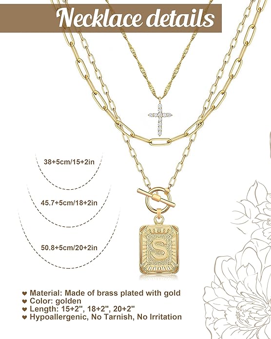 MJartoria Layered Initial Necklaces for Women Trendy, 14K Gold Plated Brass Simple Dainty Cross Choker Square Letter Pendant Necklace, Paperclip Chain Necklaces Jewelry