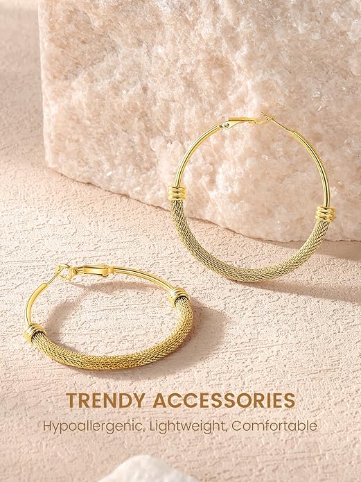 KeyStyle Mesh Hoop Earrings for Women, Stainless Steel Gold Hoops Earring Lightweight Loops, 2MM Thick Hypoallergenic Circle Endless Hollow Hoop 20mm-80mm