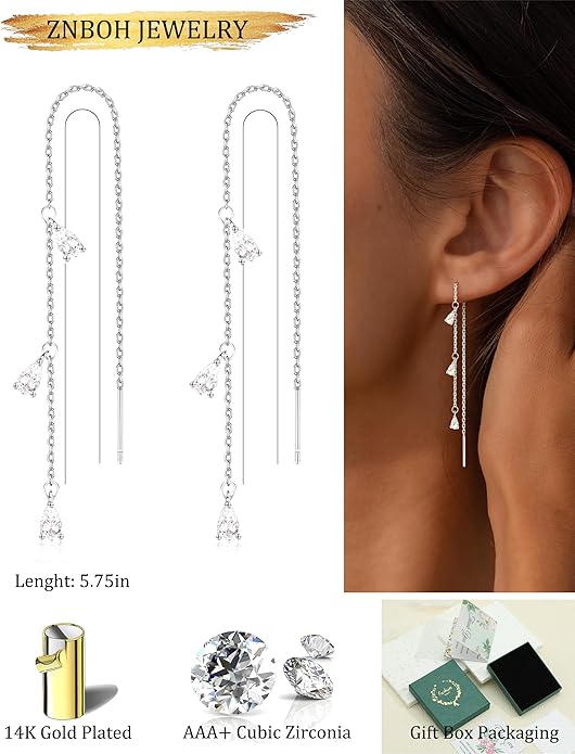 Gold Silver Dangle Earrings for Women Trendy 14K Gold Plated Drop Long Threader Chain Dangling Earring Hypoallergenic Pearl Butterfly Flower Clover CZ Wedding Earrings for Brides Jewelry Gifts