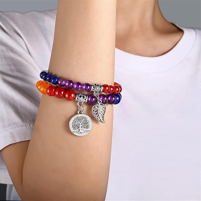 Bivei Natural Semi Precious Gemstone beads bracelet for women - Life Tree and Leaf Charm Energy Reiki Crystal Stretch Bracelets