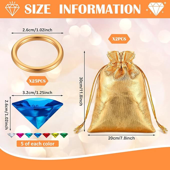 Chalyna 60 Pcs Acrylic Diamond Gem Jewelry Alloy Gold Round Ring Set Halloween Party Favor Pirate Treasure Hunting Cake Decor with Gift Bag for Birthday (Bright Style)
