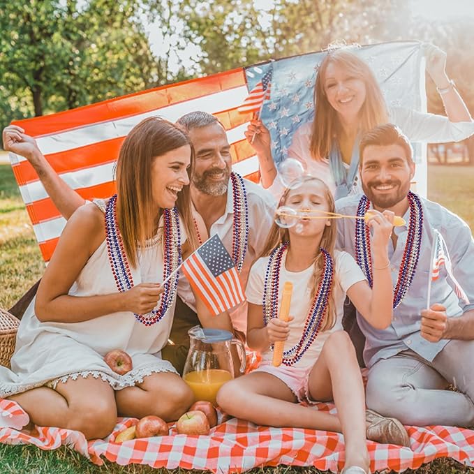 YAXINRUI 24 PCS Patriotic Beads Necklaces, 4th of july Accessories 33 Inch Independence Day Bead Necklace 4th of July Beads for Patriotic Parade Party