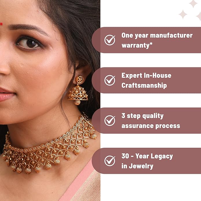 TARINIKA Brass Indian Choker Necklace Set - Gold Plated Cubic Zirconia Indian Jewelry Sets for Women Dangle, Drop, Jhumka Earrings Traditional Desi Necklace Pearls Gift for her