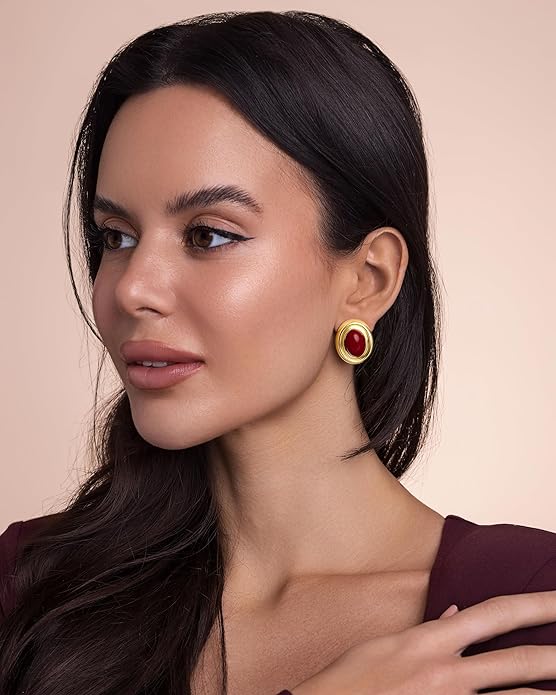 18K gold plated Medium Oval Button Chunky Statement Earrings for Women by SNGIA, (Turquoise, Carnelian, Aventurine, Amethyst, Malachite, Cat Eye, White, Cream) Bold Handmade Colored (Red, Blue, Green, White, Cream, Purple) Exaggerated Dome Retro Rounde...