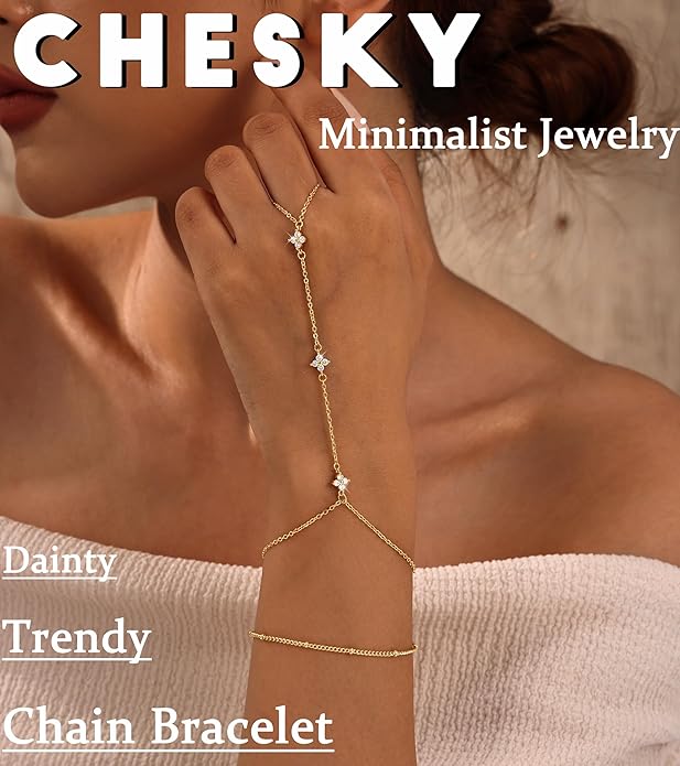 CHESKY 14K Gold Plated Hand Chain Bracelets for Women Set - Dainty Finger Ring Bracelet Stack Adjustable Hand Chains Durable Beaded Bracelets Trendy Simple Body Jewelry Gift for Women