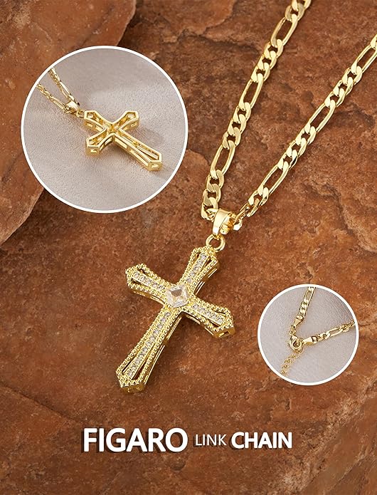 14K Gold Plated Cross Necklace for Women, Cubic Zirconia Copper Cross Pendant, Valentine's Mother's Day Gifts for Her with Jewelry Box Figaro Link Chain, Alloy Brass CZ Diamond Bridal Wedding