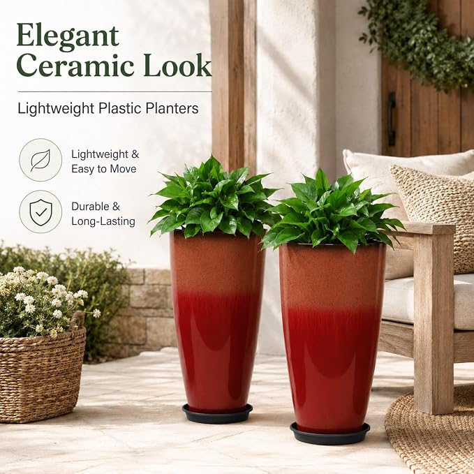 Neoaider Set of 2 Tall Planter, 21 inch Large Plastic Planter, Firey Red | - Image 2