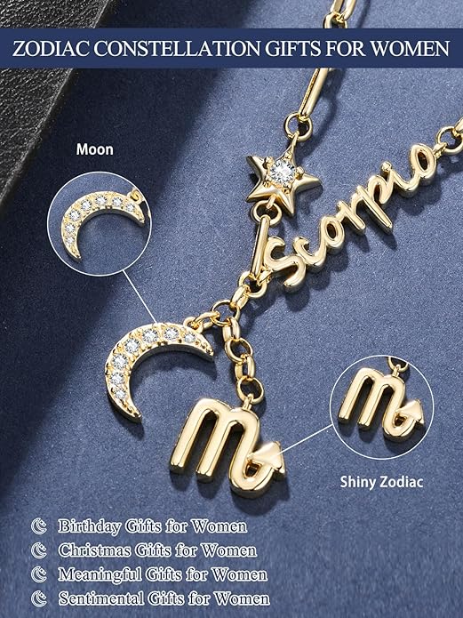 14K Gold/Rose Gold Zodiac Necklace for Women - Horoscope Constellation Pendant with Moon and Star, Luxury Birthday Gifts Jewelry for Her (12 Zodiac Signs)