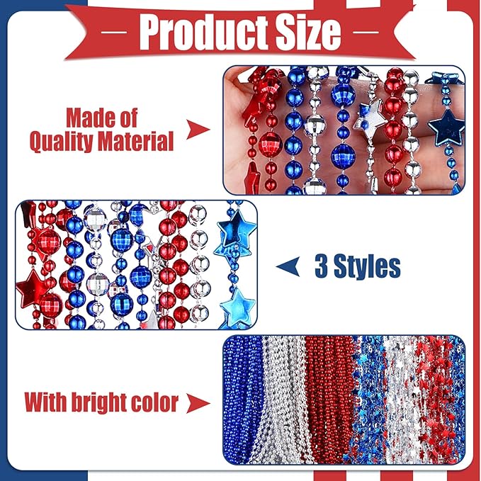 Kigeli 300 Pcs 4th of July Beads Necklaces Bulk Patriotic Red White Blue Beads Necklaces for Independent Day Party Favors Memorial Day Veterans Parade Throw Accessories(Classic Color,Stylish)
