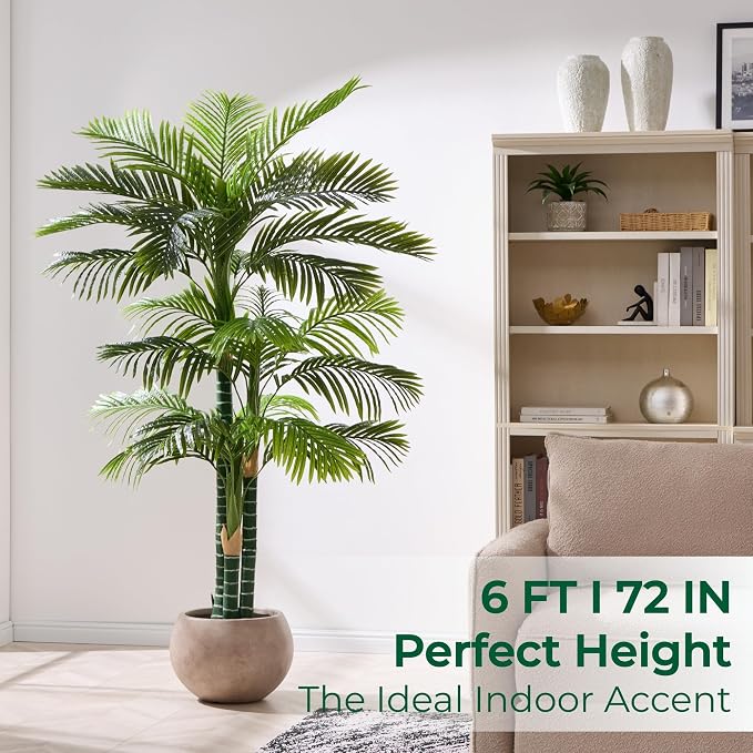 6FT Tall Triple Golden Cane Palm Tree in Black Cement Pot | Large Faux Plants - Image 5
