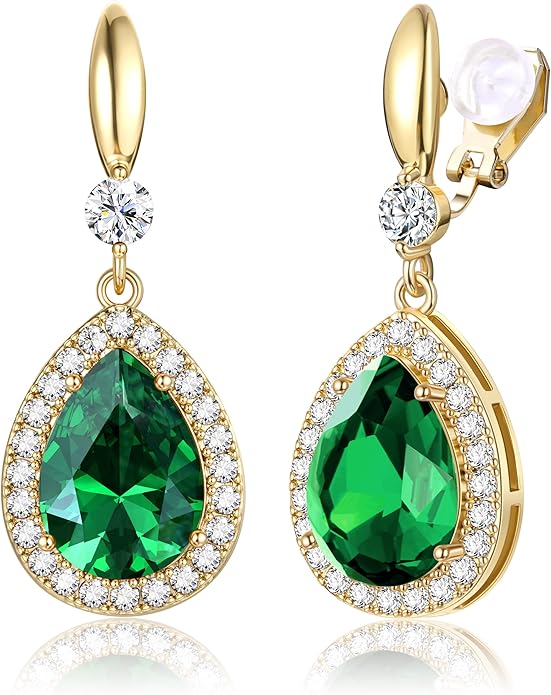 THUNARAZ Elegant Clip on Earrings for Women Sparkling Teardrop Dangle Clip Earrings Non-Pierced Rhinestone Cubic Zirconia Wedding Prom Jewelry 14K Gold and Silver Tone
