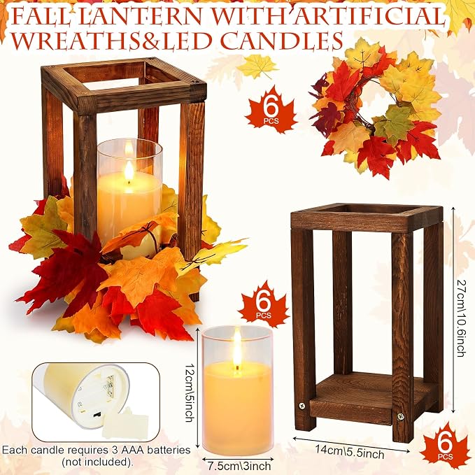18 Pcs Wooden Lantern Centerpieces, Fall Table Decor | Maple Leaves Candles - Image 2