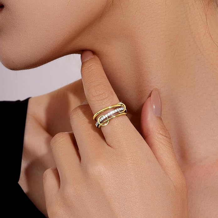 Gelbesty Stackable Gold Silver Band Rings for Women, Statement Chunky Cubic Zirconia Rings, Fashion Unique Designer Mixed Metal Jewelry Size 5/6/7/8/9/10/11