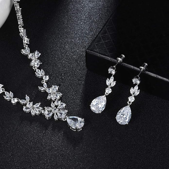 Hadskiss Jewelry Set for Women, Necklace Dangle Earrings Bracelet Set with White AAA Cubic Zirconia, Allergy Free Wedding Party Jewelry for Bridal Bridesmaid