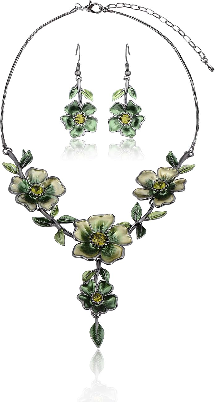 AMYJANE Vintage Statement Jewelry Set - Spring Leaf Flower Floral Plant Necklace Earring Set Crystal Rhinestone Fashion Costume Jewelry for Women Prom Party Unique Gift