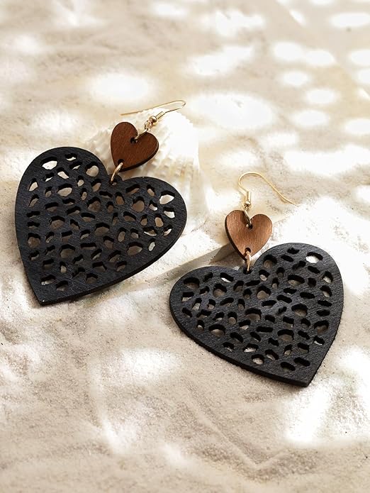MINACHI Bohemian Hollow Cut-Out Wood Leather Dangle Drop Earrings, Boho Chic Hippie Statement Jewelry Gift for Women
