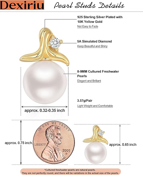 Cultured Freshwater Pearl Stud Earrings, 14K Gold Plated S925 Silver Women Pearl Stud, Gift for Birthday Mothers Day, Christmas, Anniversary