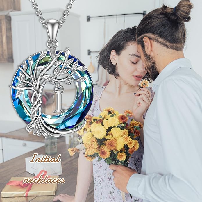 TOUPOP Gifts for Women Tree of Life Necklace 925 Sterling Silver Initial Pendant Family Tree Crystal Jewelry Valentine's Day Birthday Gifts for Her Mom Wife Girlfriend Daughter
